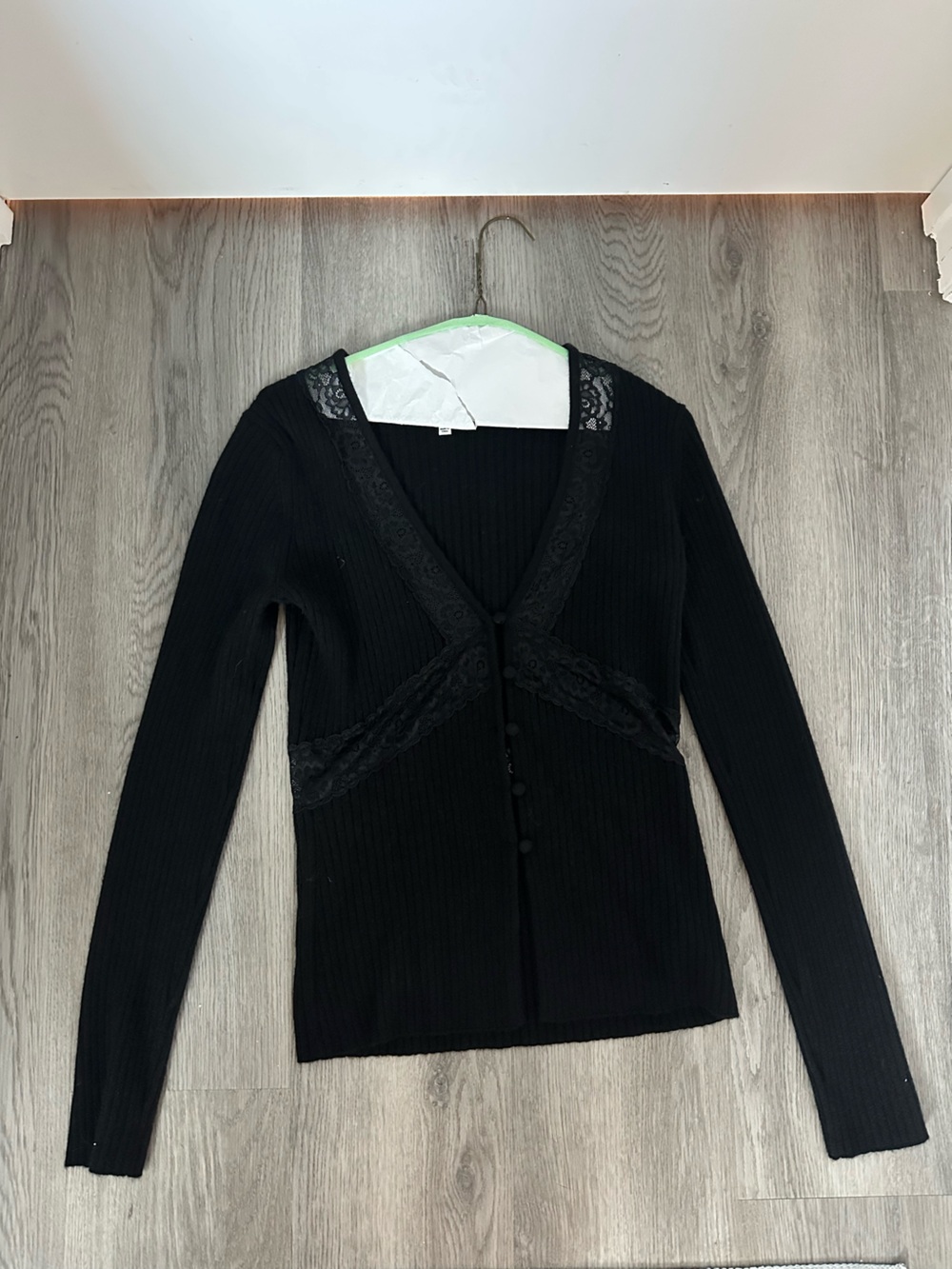 Reformation Black Lace-Trim Ribbed Button-Up Cardigan